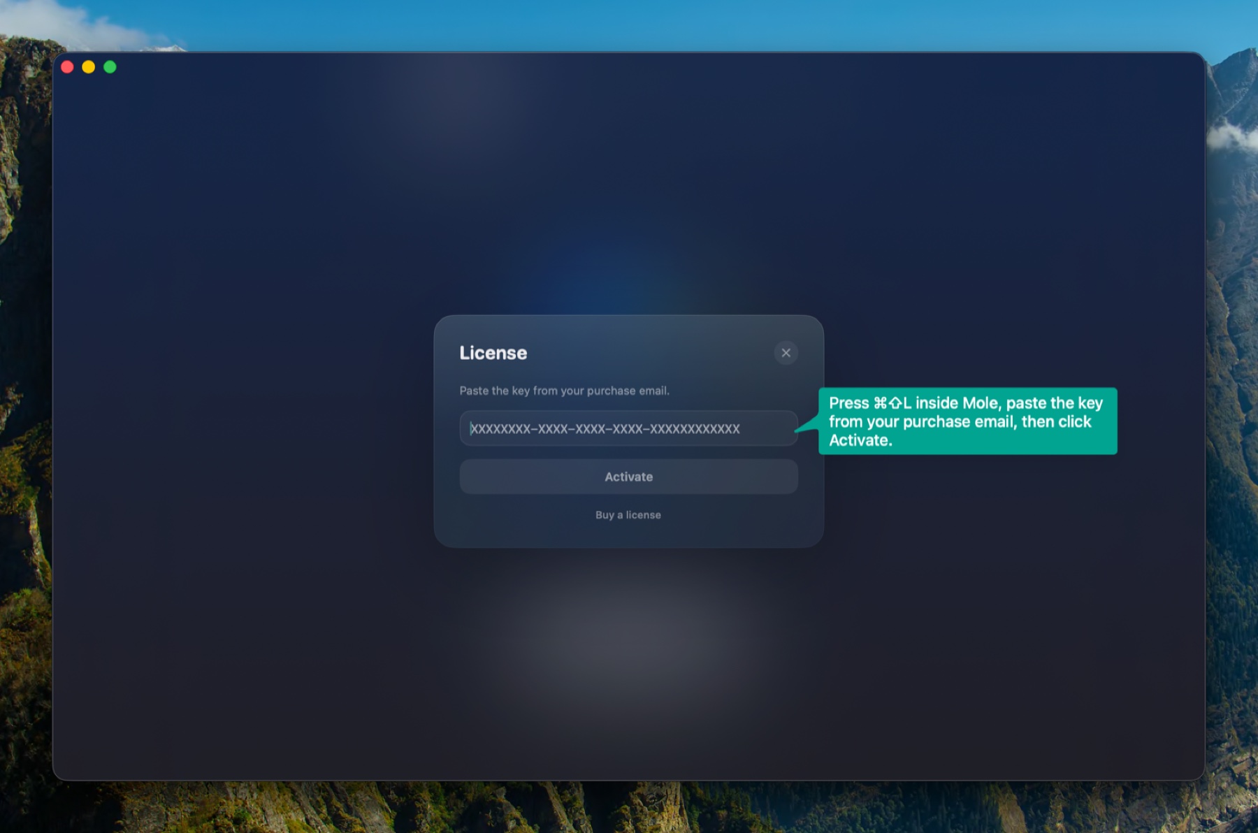 License activation panel inside Norva